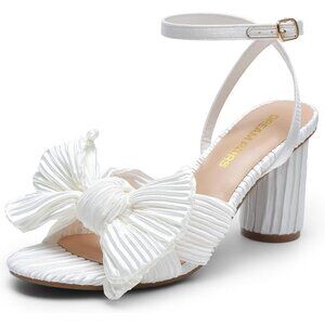 🆕Women's White Bow Knot Chunky Block Heel Open Toe Ankle Strap Slingback Sandal